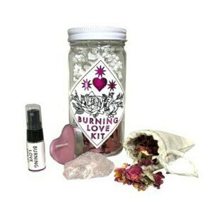 Burning Love Kit Ritual Spell Set Pink Rose Quartz Heart Candle Feather